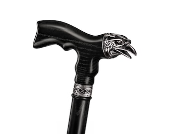 Custom Black Raven Walking Cane - Handcrafted Wooden Cane - Walking Stick for Men - Dad's Cane - Gift For Father - Classic Oak wood Cane