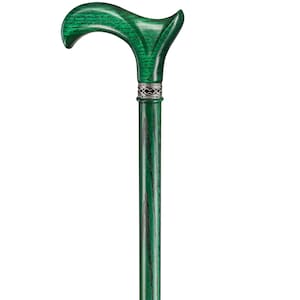 May include: A green wooden walking stick with a curved handle and a silver band.