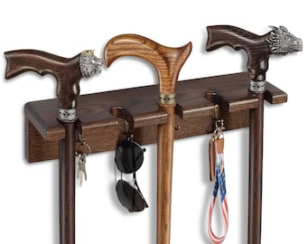 Wooden Cane Holder for 5 Walking Sticks – Handmade Wall Display Rack with Hooks
