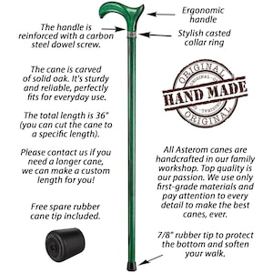 May include: A green wooden walking cane with a black rubber tip. The cane has a carved wooden handle with a black collar ring. The cane is 36 inches long and can be cut to a specific length. The cane is handcrafted and comes with a spare rubber tip. The image includes the text "ORIGINAL HAND MADE ORIGINAL".
