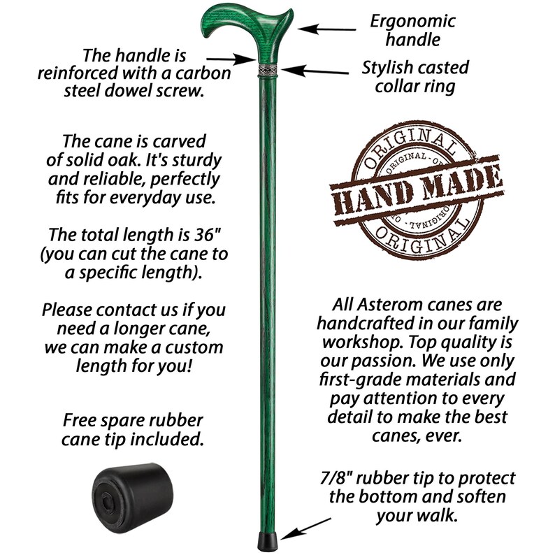 May include: A green wooden walking cane with a black rubber tip. The cane has a carved wooden handle with a black collar ring. The cane is 36 inches long and can be cut to a specific length. The cane is handcrafted and comes with a spare rubber tip. The image includes the text "ORIGINAL HAND MADE ORIGINAL".