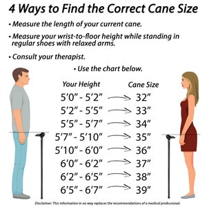 May include: A chart showing how to find the correct cane size based on height. The chart shows a range of heights from 5'0" to 6'7" and the corresponding cane size in inches. The chart is illustrated with a man and a woman standing next to canes.