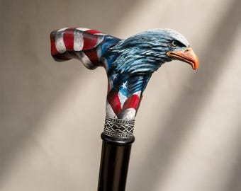 Hand-Painted American Eagle Flag Design - Custom Walking Cane – Ergonomic Wooden Walking Stick