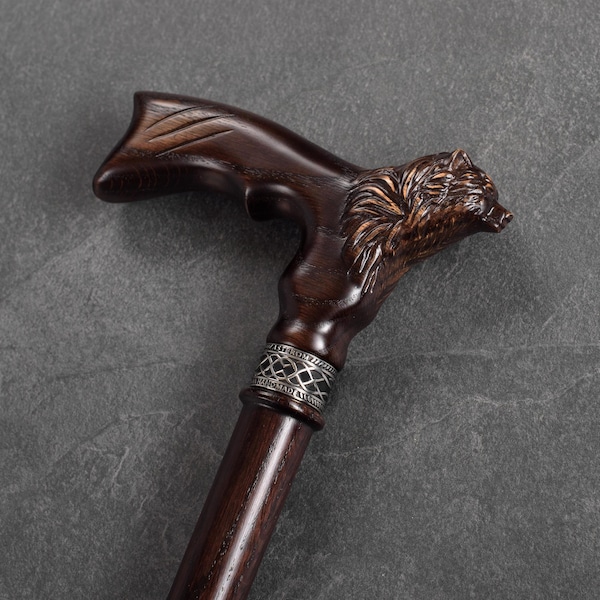 Carved Bear Oak Walking Cane – Ergonomic Handle, Sturdy Wooden Support