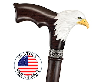 Hand-Painted Wooden Carved Walking Cane - Bald Eagle Walking Stick for Men and Women - Unique Wood Walking Sticks for Men & Women