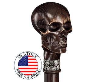 Handmade Skull Walking Cane – Gothic Vampire Cane, Wooden Staff (36 Inch)