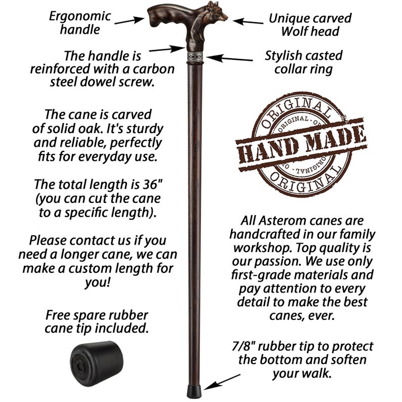 Wolf Head Oak Walking Cane – Ergonomic Wooden Walking Stick - Etsy