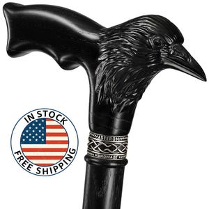 Black Raven Walking Cane for Men - Handmade Wood Walking Stick - Wooden Cane, Stylish Walking Sticks for Men and Women - Gothic Crow Cane