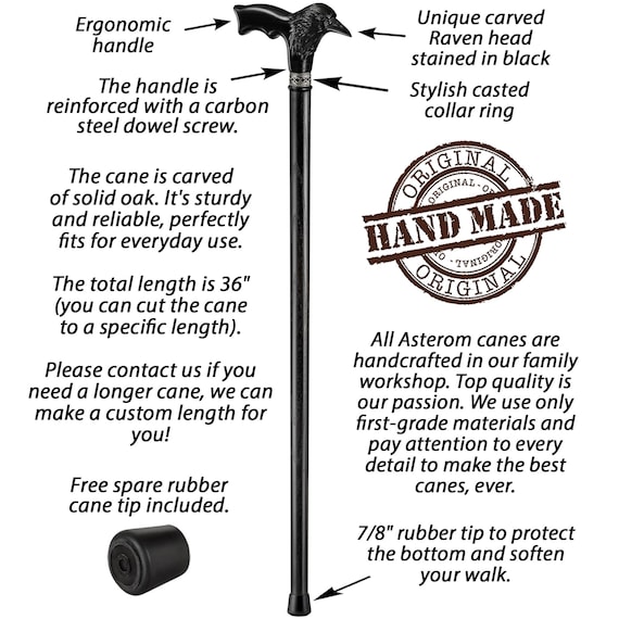 Black Raven Walking Cane for Men - Walking Stick with Raven Handle - Wooden Walking Cane - Walking Stuff - Gift for Father - Wooden Cane