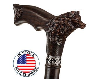 Handmade Carved Wolf Walking Cane - Fashionable Wooden Walking Stick