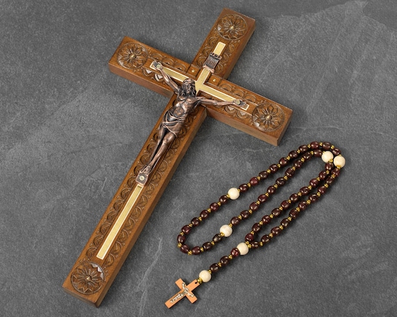Hand Carved Wooden Crucifix Wall Cross - 12" Catholic Cross with Rosary - Christian Wall Decor - Catholic Crucifix - Handmade Religious Gift