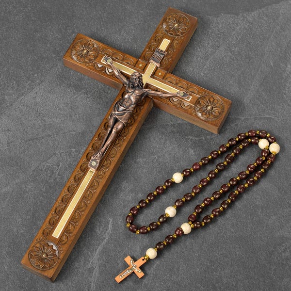 Hand Carved Wooden Crucifix Wall Cross – Catholic Gift with Rosary
