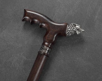 Wolf Head Wooden Cane – Ergonomic Handle, Handmade Walking Stick