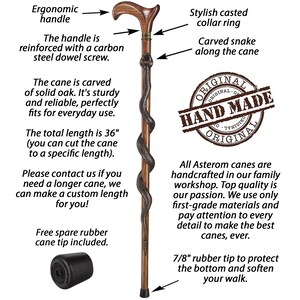 May include: A wooden walking stick with a carved snake design. The stick is 91.4 cm long and has a rubber tip. The handle is made of wood and has a carbon steel dowel screw. The stick is handcrafted and comes with a spare rubber tip. "ORIGINAL HAND MADE ORIGINAL" is stamped on the stick.