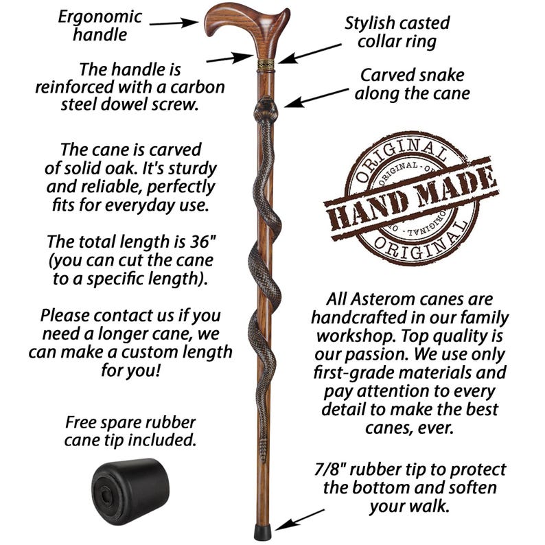 May include: A wooden walking stick with a carved snake design. The stick is 91.4 cm long and has a rubber tip. The handle is made of wood and has a carbon steel dowel screw. The stick is handcrafted and comes with a spare rubber tip. "ORIGINAL HAND MADE ORIGINAL" is stamped on the stick.