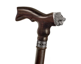 Individueller Löwenkopf Gehstock - Ergonomischer Holzgriff, Handgefertigter Gehstock