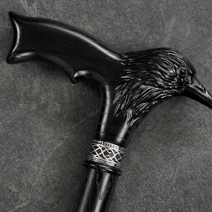 Black Raven Walking Cane for Men - Walking Stick with Raven Handle - Wooden Walking Cane - Walking Stuff - Gift for Father - Wooden Cane