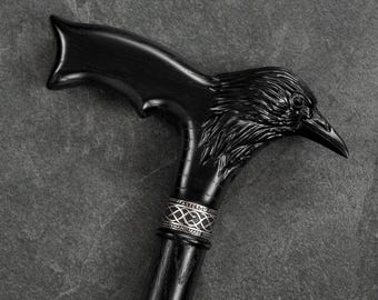 Black Raven Walking Cane for Men - Walking Stick with Raven Handle - Wooden Walking Cane - Walking Stuff - Gift for Father - Wooden Cane