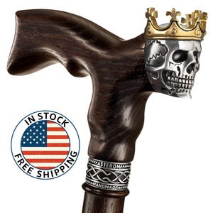 Cool Skull King Walking Cane for Men - Handmade Wood Walking Stick - Wooden Cane, Unique, Fashionable Walking Sticks for Men and Women