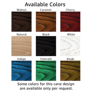 May include: Nine wood stain color samples, including Walnut, Caramel, Cherry, Natural, Black, White, Indigo, Emerald, and Khaki. Some colors are available upon request.