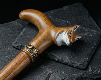 Hand-Painted Fox Head Walking Cane – Artistic Wooden Walking Stick for Women