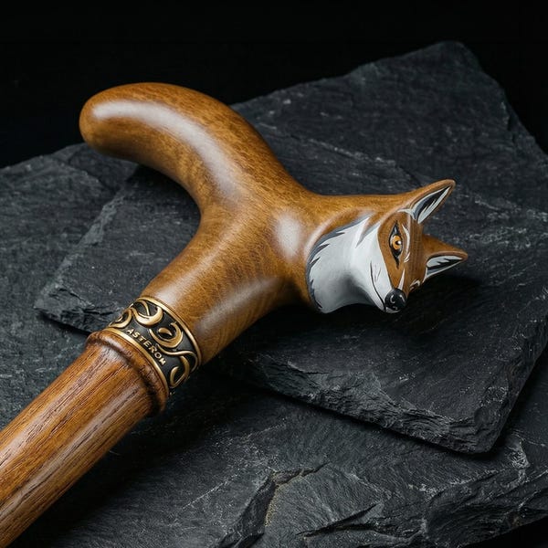 Hand-Painted Fox Head Walking Cane – Artistic Wooden Walking Stick for Women