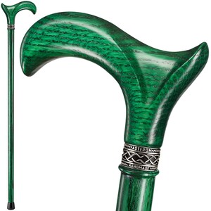 May include: A green wooden walking stick with a curved handle and a silver band with the words "Asterom Handmade".