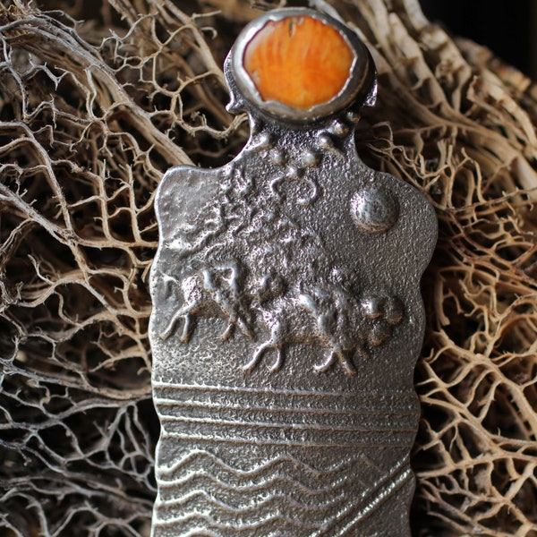 Anthony Lovato Shaman Pendant or Brooch, Original Tufa Casting, Petroglyph Design, Sterling Silver, Buffalo Thunder design, Spiny Oyster