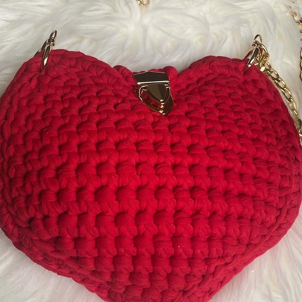 Crochet heart bag, with fabric. Red Heart Bag.