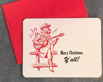 Letterpress Christmas Card and Envelope - Singing Cowgirl - Merry Christmas, Y'all! - Single Flat Letterpress Card