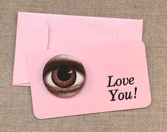 Mini Letterpress Button Cards and Envelopes - Set of Six Letterpress Valentines - Gift Enclosure Cards - Love You! - Pink Eye