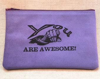 Printed Ultrasuede Pencil Case - Purple - YOU ARE AWESOME!