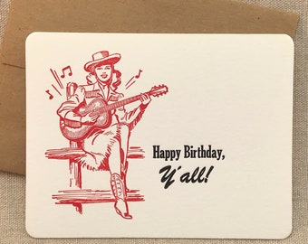 Letterpress Birthday Card and Envelope - Singing Cowgirl - Happy Birthday, Y'all! - Single Flat Letterpress Card