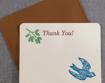 Letterpress Thank You Card and Envelope - Bluebird - Single Flat Letterpress Card