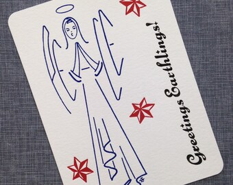 Letterpress Christmas Card and Envelope - Peace Angel - Single Flat Letterpress Card