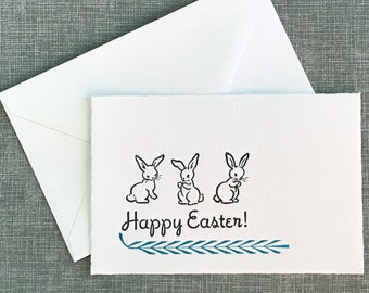 Letterpress Easter Greeting Card and Envelope - Easter Bunnies Blue - Single Flat Letterpress Card