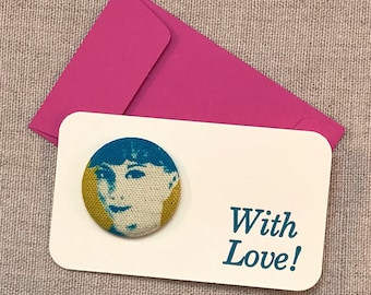 Mini Letterpress Button Cards and Envelopes - Set of Six Letterpress Cards - Gift Enclosure Cards - With Love! - Mod Girls