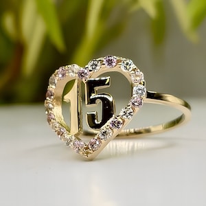 14K solid gold heart ring Quinceañera 15th birthday heart ring