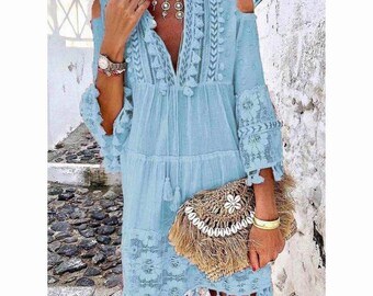 Women's Summer Vintage Dress - A V-Neck Bohemian Symphony for Cocktail Parties, Beach Holidays, and Effortless Elegance-Bohemian Dress,S-5XL