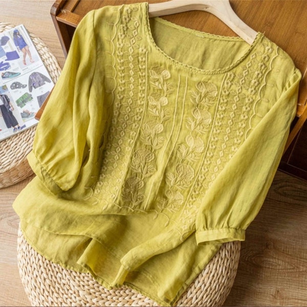 Casual Summer Elegant Blouse Women Sleeve Work Tops Casual Loose Cotton Shirt, O Neck Floral Embroidered Blouse, Gift for Her