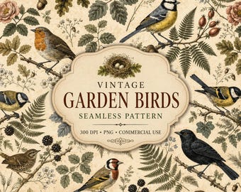 Vintage Garden Birds Seamless Pattern PNG | Botanical Digital Paper | Bird Scrapbook Paper | Journal Design | Notebook | Fabric Design