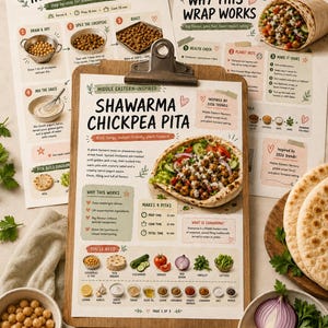 Può includere: Un'immagine di fotografia culinaria colorata con una ricetta di Shawarma Chickpea Pita di ispirazione mediorientale. L'immagine include istruzioni passo passo, ingredienti e un wrap di pita finito. La ricetta è vegetale ed economica.