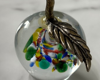 Vintage Apple Shaped Glass Paperweight and brass leaf