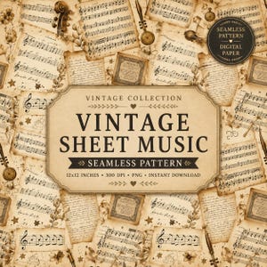 May include: A seamless digital paper pattern featuring vintage sheet music, handwritten notes, and musical instrument illustrations in sepia tones. A central label displays the text VINTAGE COLLECTION VINTAGE SHEET MUSIC SEAMLESS PATTERN.