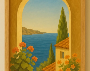 Mediterranean Window View Wall Art Coastal Landscape Printable Digital Download A4 & A3 Sizes European Seaside Home Decor
