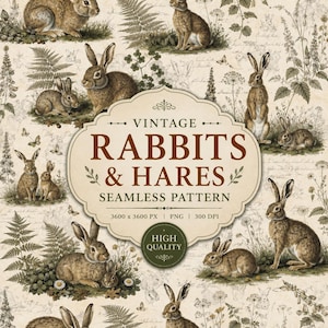May include: A seamless pattern featuring brown rabbits and hares amidst botanical illustrations of ferns and wildflowers on a cream background. The central label displays the text VINTAGE RABBITS & HARES SEAMLESS PATTERN 3600 x 3600 PX | PNG | 300 DPI.