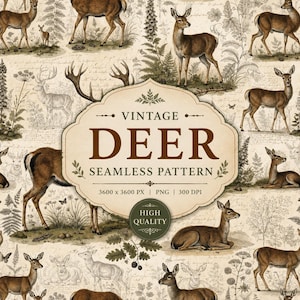 Vintage Deer Seamless Pattern PNG, Woodland Stag Digital Paper, Forest Animal Pattern, Rustic Nature Print, Scrapbook, Fabric Design