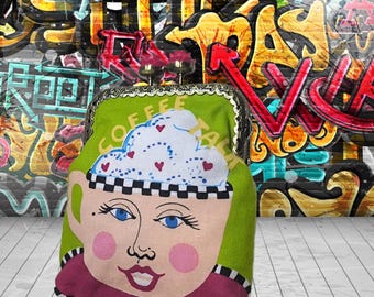 Monedero con cierre de beso / Estructura de metal / Cartera de tela con cierre de beso / Idea de regalo hecha a mano / Regalo para mujer / Impresión para la hora del café