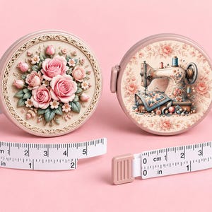 Peut inclure: Deux rubans à mesurer rétractables ronds avec des boîtiers roses. L'un présente un motif floral en relief de roses, tandis que l'autre affiche une illustration de machine à coudre vintage. Les deux rubans indiquent des mesures en cm et en pouces.