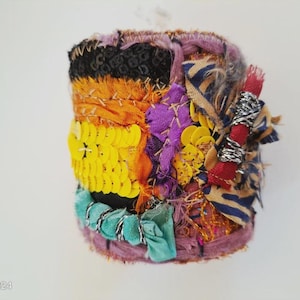 Boho Textile Cuff Bracelet – Silk Sari, Lace & Sequins – One of a Kind Handmade Gift -Colorful Fabric Jewelry – One of a Kind Statement Gift